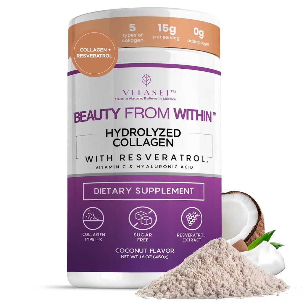 VITASEI Hydrolyzed Collagen Peptides Powder with Vitamin C & Resveratrol - 머리, 피부와 손톱 비타민 여성 및 남성 - 뼈와 관절 보충 - 코코넛 맛 - 16 oz
