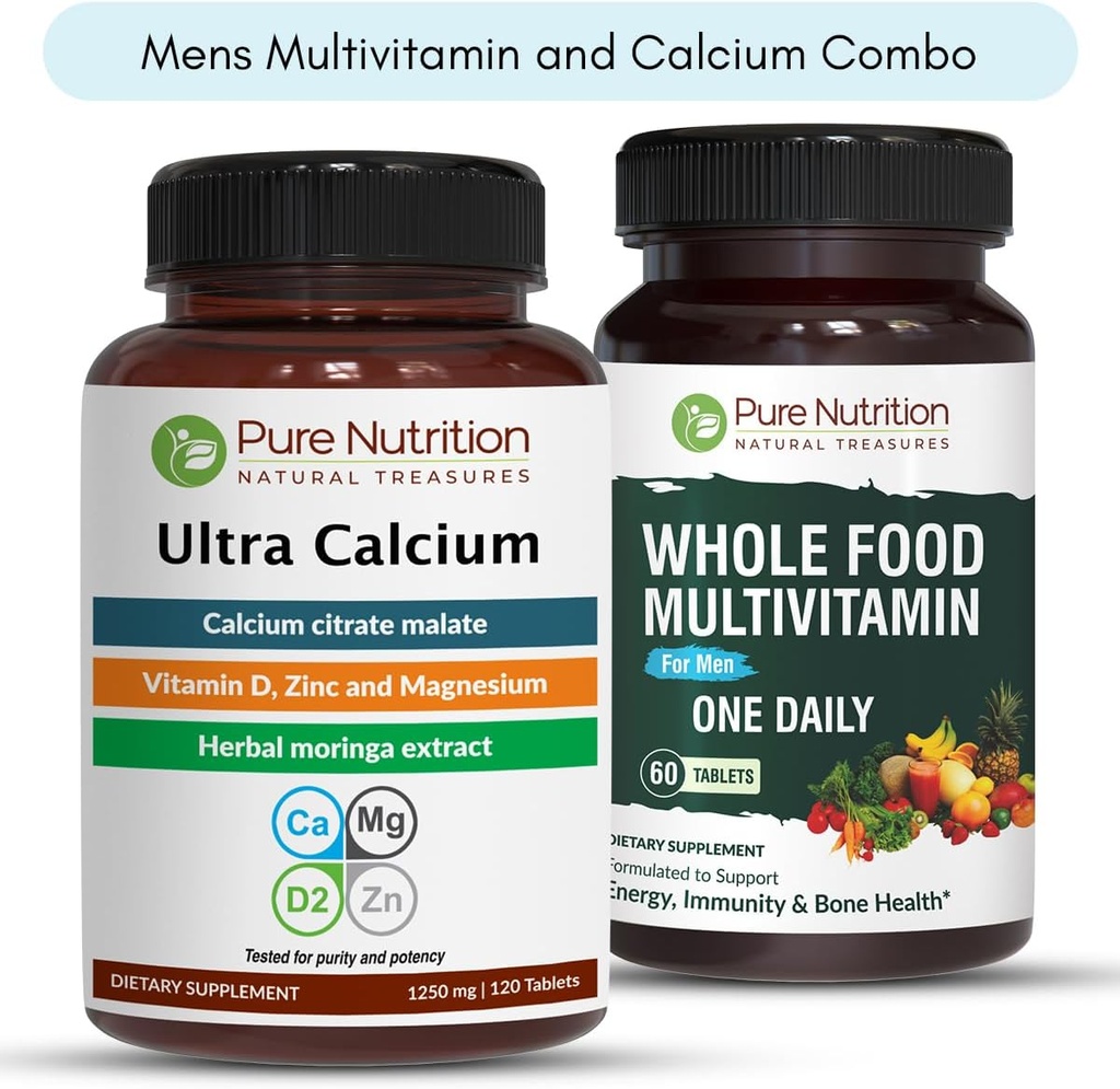 건강한 뼈, 합동 및 전반적인 웰빙을 위한 순수한 영양 매우 칼슘 1000mg 및 전체적인 음식 Mens Multivitamins 1500mg. 울트라 칼슘 90 탭 + 남성 멀티비타민 60 탭.