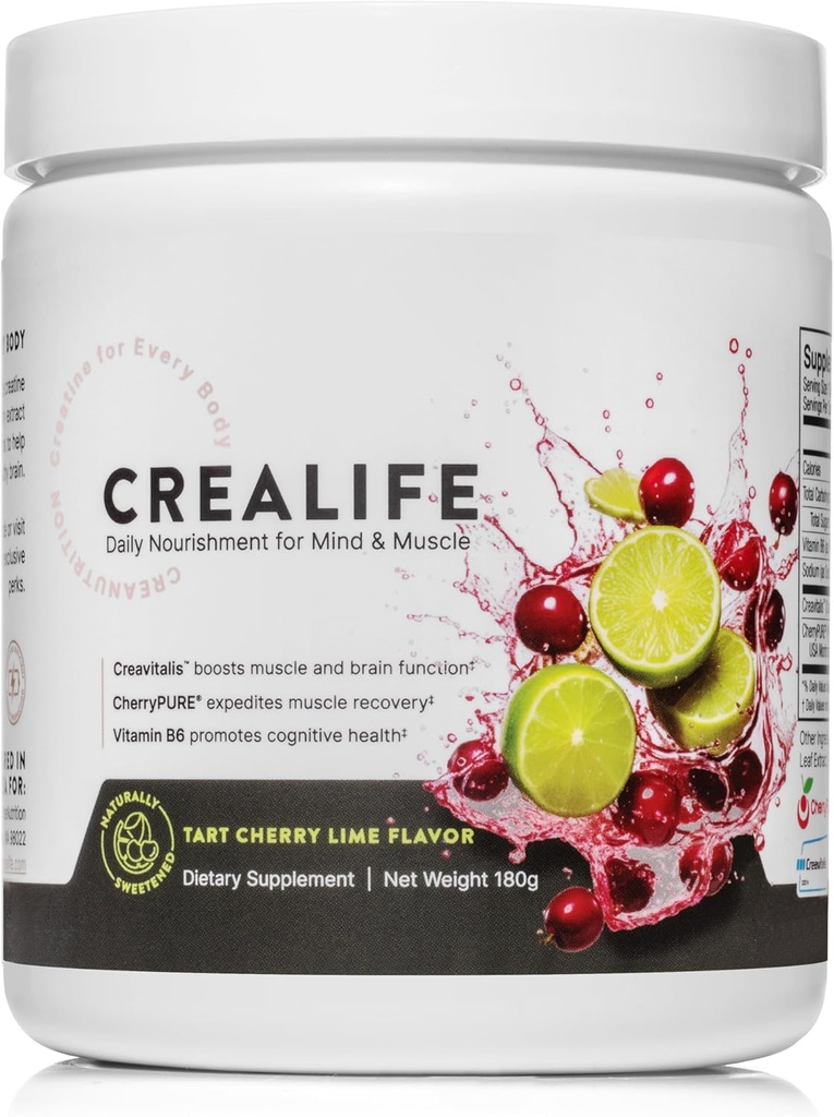 German Micronized Creatine + USA Tart Cherry + Vitamin B6 - 여성 및 남성을위한 사전 및 포스트 운동 보충, 타트 체리 라임 풍미, 신체 및 두뇌를위한 카페 - 무료 영양