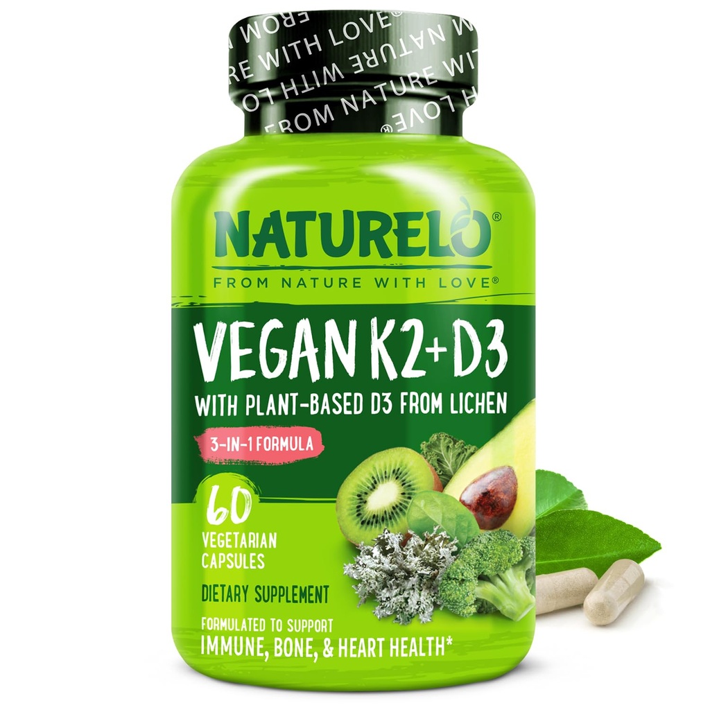 NATURELO 비타민 D3 K2 - Lichen - 면역 체계, 뼈 지원, 심장 건강 - 전체적인 음식 - Non-GMO - 글루텐 무료, 60 캡슐을 위한 자연적인 보충교재