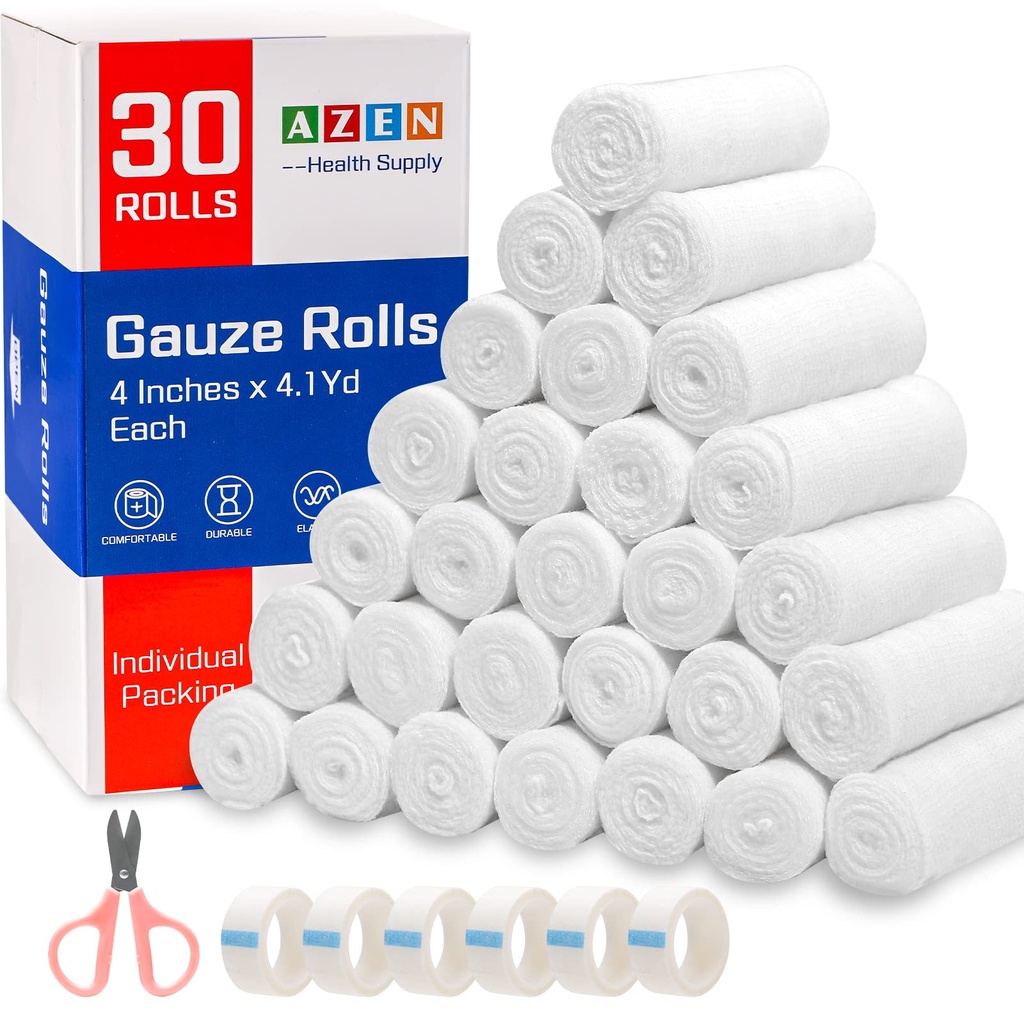 AZEN 30 팩 가제 롤 붕대, 4 x 4.1 마당, 프리미엄 의료 용품 및 응급 처치 용품, Bandage Wrap Vet Wrap, Mummy Wraps