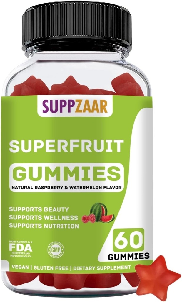 Vegan Superfruit 거미 비타민. Superfruit Gummies w/Vitamin A C E 유기 실리카. 교원질 형성, 아름다움 & 놀을 위한 Superfruit. 식물 기반, 비 GMO, 글루텐 프리, 젤라틴 프리. 60 CT