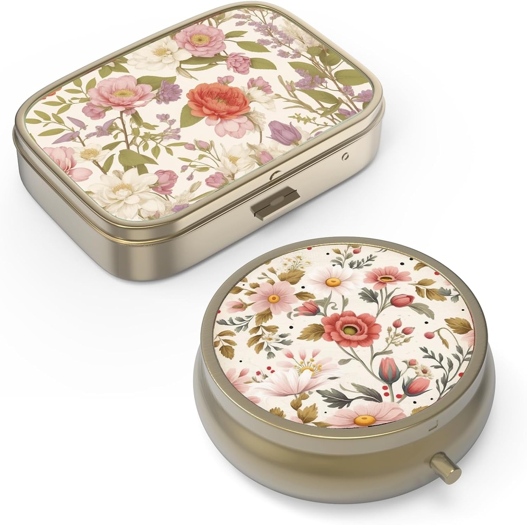 Pill 주최자 Pill Box Mirror Retro Small Pill Case for Purse or Pocket Bronze Pill Box 또는 Vitamins, Fish Oil, Supplements, Pill Containe 여행 선물(2PCS-Retro Red Flowers)