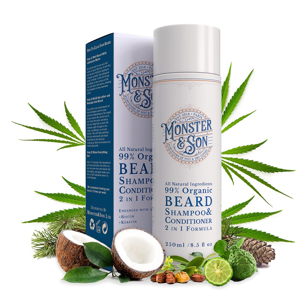 Monster&Son 유기 Beard 샴푸 & 컨디셔너 2 에 1 - 남자를 위한 조절을 가진 Beard 세척 - 과민한 피부를 위한 Gentle 얼굴 세척 - Hypoallergenic, Paraben & 황산염 자유로운 - 오래 견딘 250ml
