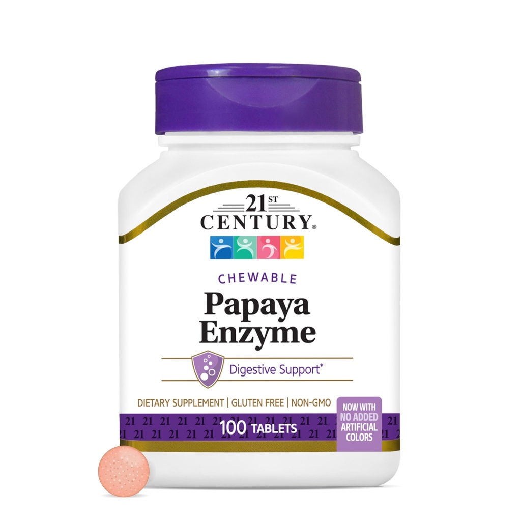 21세기 Papaya Enzyme Chewable (100 개), Papaya & Pineapple Digestive Enzymes for Gut Health, Tropical flavor, Non-GMO, Gluten-Free, 추가 소금, 인공 풍미