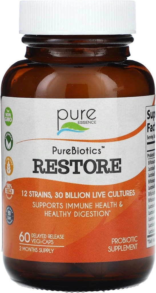 PURE ESSENCE LABS Restore Probiotic Supplement 30 억 CFU - 남성 및 여성을위한 Probiotic - 면역 지원 및 소화 건강을위한 12 Strains - 변비의 완화를위한 자연 지원 (60 모자)