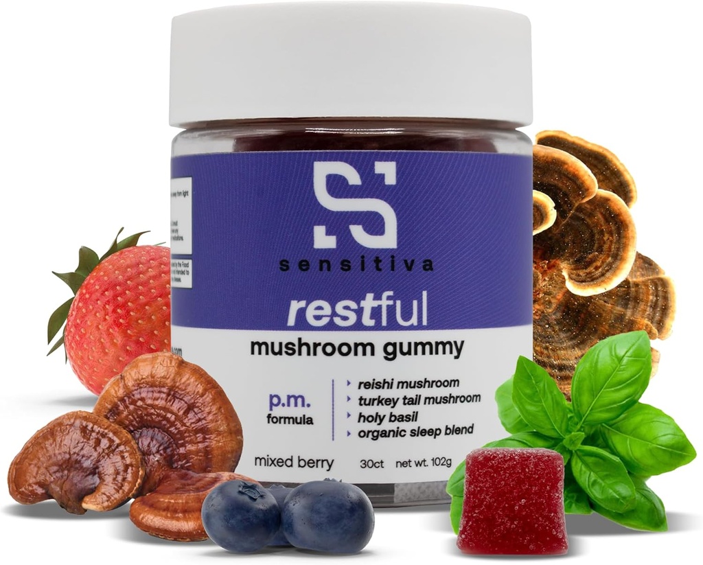 Sensitiva Restful 버섯 Gummies P.M. 공식 - Reishi & Turkey Tail Mushroom Supplement Gummies, 수면을위한 버섯 Gummies, Relaxation & Stress Relief (Mixed Berry P.M. 공식)