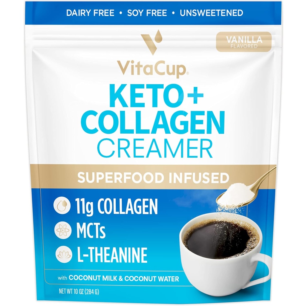 VitaCup Keto + Collagen Coffee Creamer Vanilla 풍미 MCT, Collagen Protein, Coconut Water, Keto Diet, 커피, 스무디, & 셰이크, Dairy-Free, Gluten-Free, Soy-Free, 10oz에 사용