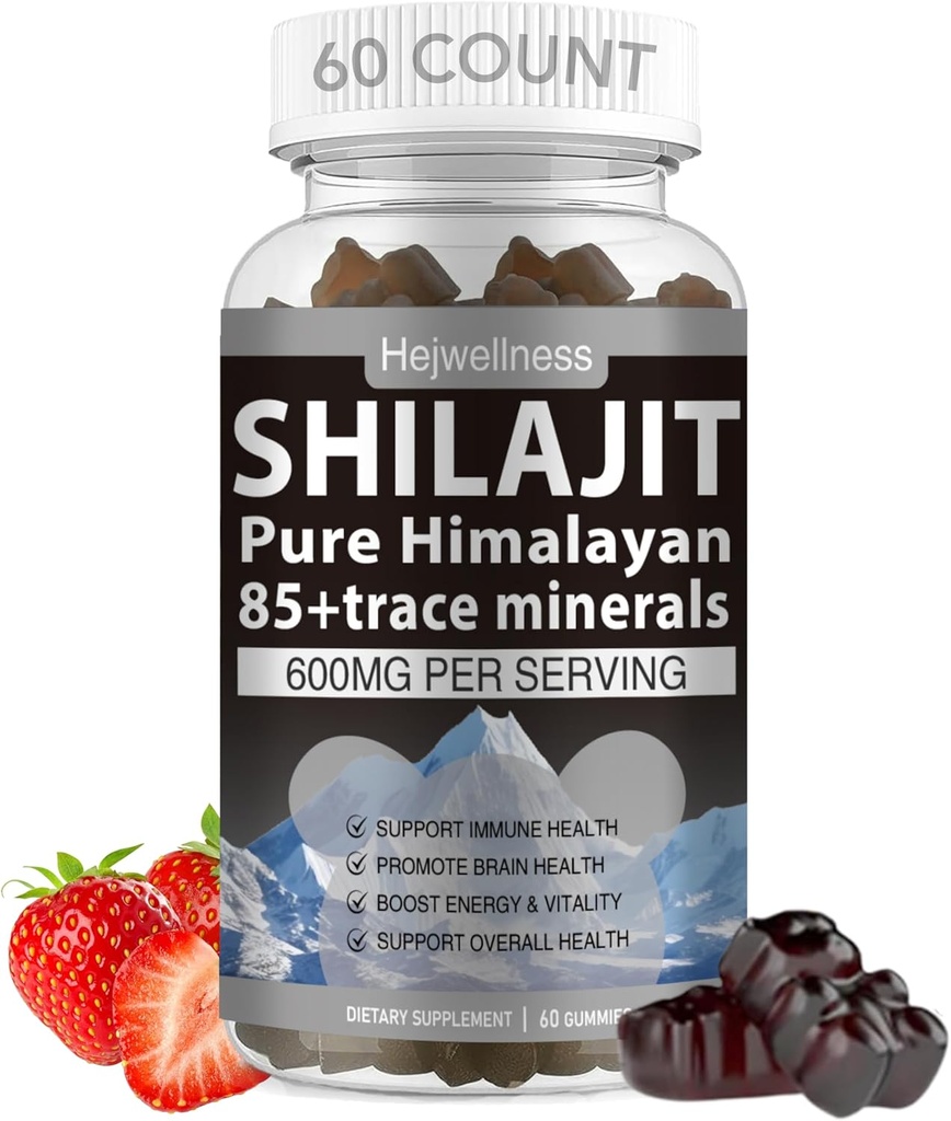 Shilajit Gummies - 85 + Trace 무기물, Fulvic 산 및 Phytonutrients와 600 mg 천연 유기 Shilajit 수지 - Strawberry 풍미 - 에너지, 면역 지원 - 60 Gummies, 1 개월 공급