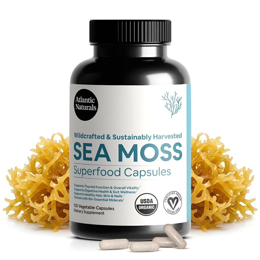 Atlantic Naturals Sea Moss는 Moringa, Ashwagandha, Black Seed Oil, Ginger & Ginseng과 캡슐을 캡슐화합니다. Atlantic Sea Moss는 남성과 여성을위한 보충제를 보충합니다. Daily Energy & Wellness Blend - 120 Count