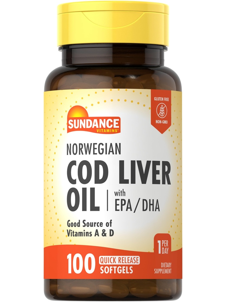 Sundance 노르웨이어 Cod Liver 오일 | 100 Softgels | EPA 및 DHA | 비타민 A 및 D의 원천 | 비 GMO 및 글루텐 무료 보충