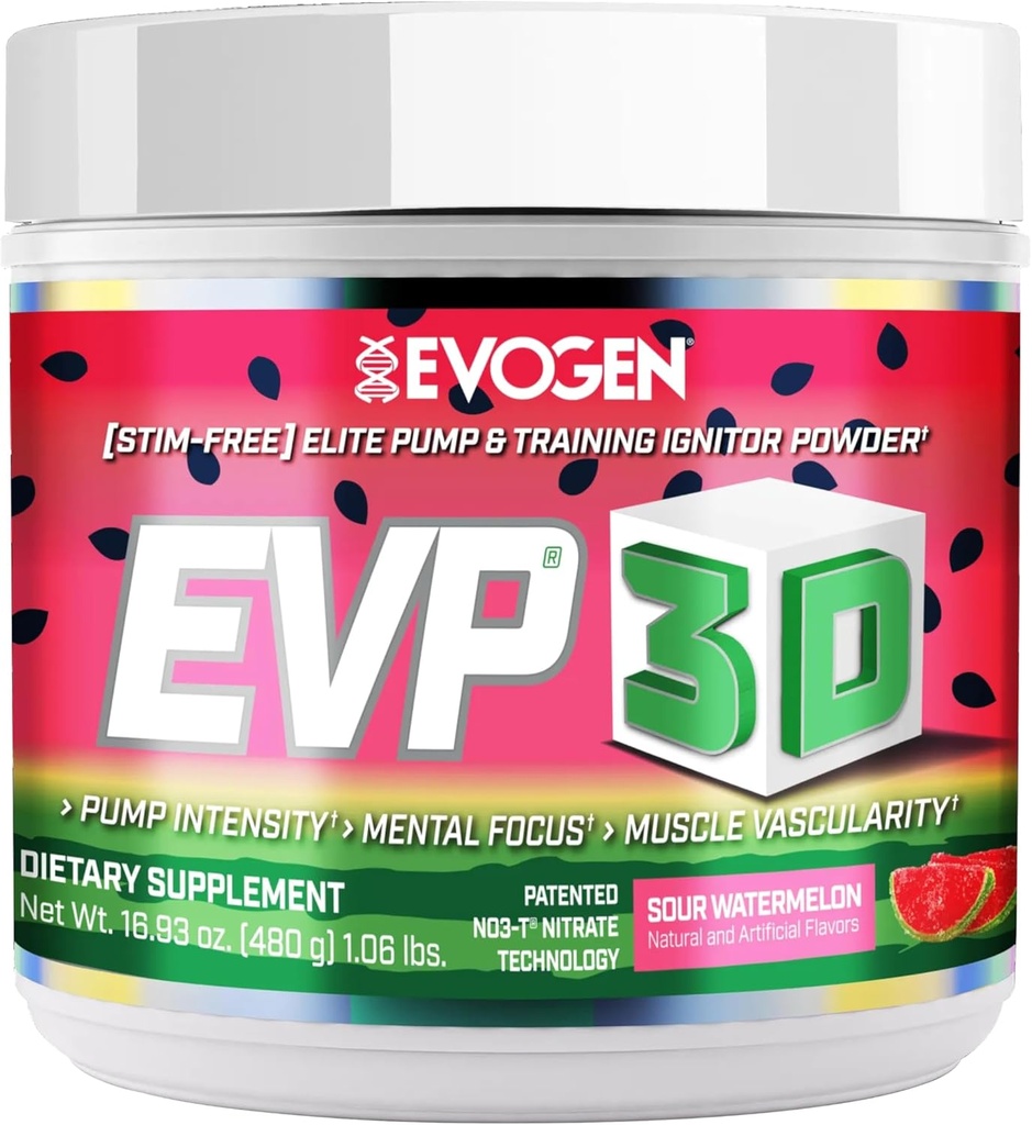 Evogen EVP 3D - Stim Free Pre Workout Powder for Men & Women | Beta Alanine 및 Creatine와 함께 무료 비 자극 사전 운동 에너지 및 펌프 | Sour Watermelon | 40 서빙