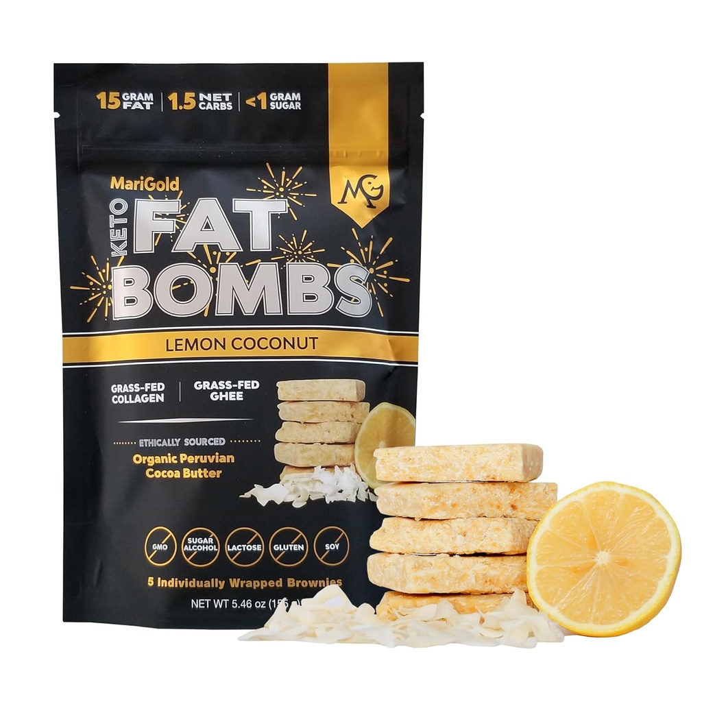 MariGold Keto Fat Bombs - 레몬 코코넛 - 낮은 Carb, Collagen Rich, Grass-fed Ghee, 유기 코코아 버터, 글루텐 프리, Non-GMO (1 가방, 5 서빙)