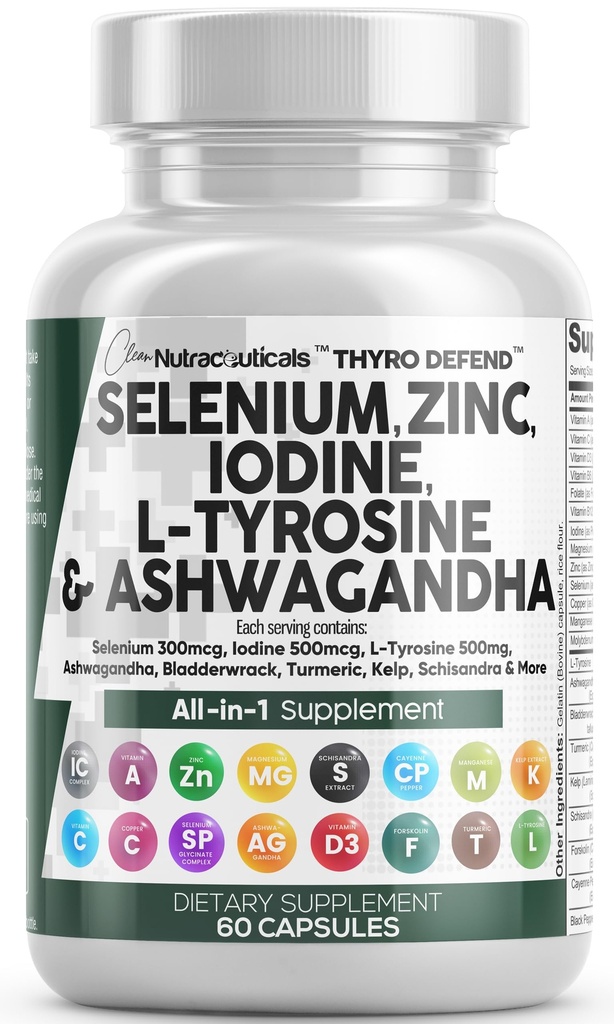 여자 & 남자를 위한 Nutra 셀렌 300mcg Iodine 500mcg Thyroid 지원 | L Tyrosine 500mg Ashwagandha 보충교재 Bladderwrack, Turmeric, Kelp, Schisandra 아연 알약 캡슐 보충교재