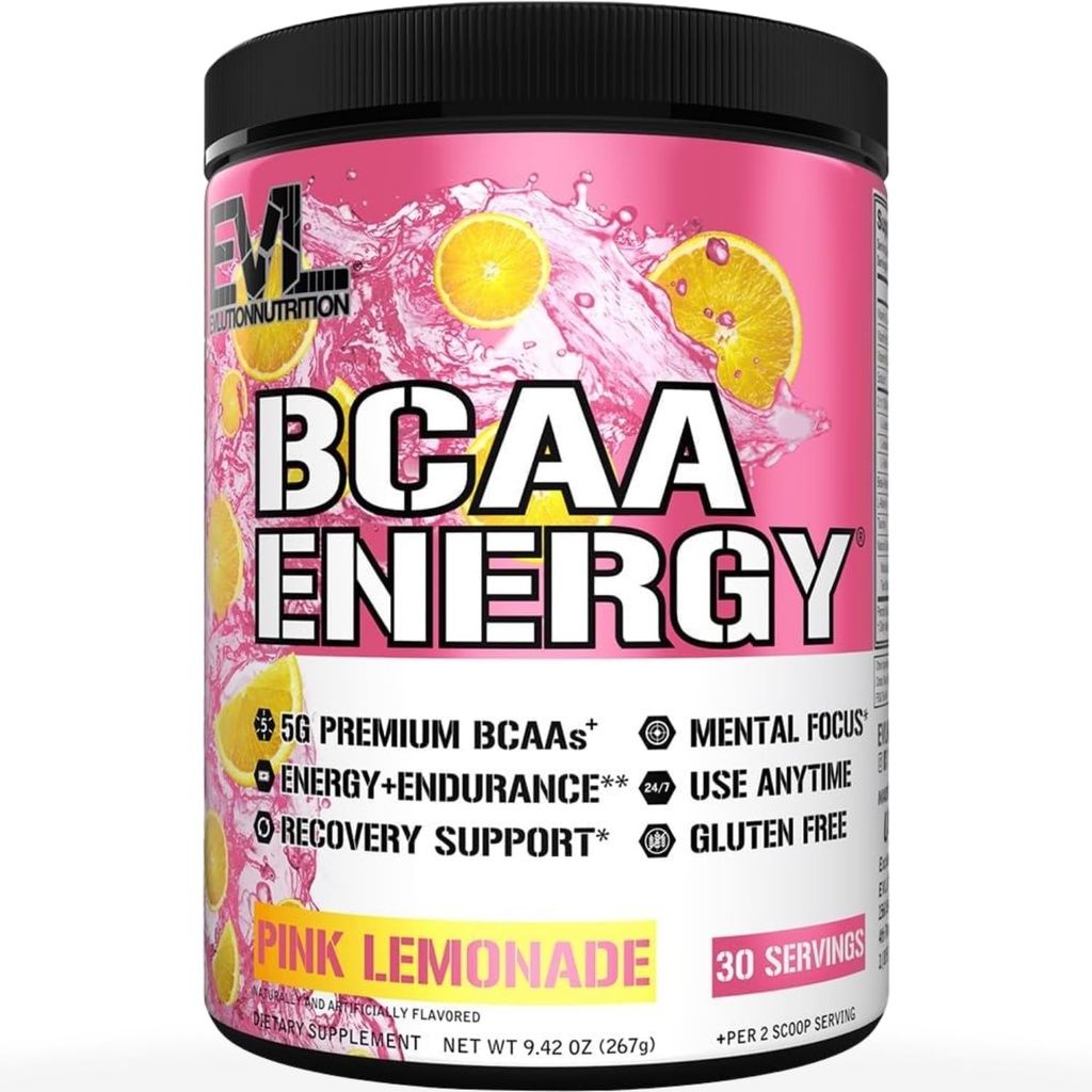 EVL BCAAs 아미노산 분말 - 근육 회복 Lean 성장과 내구시간을 위한 BCAA 에너지 전 운동 분말 - 자연적인 카페인을 가진 포스트 운동 회복 음료 - 분홍색 Lemonade