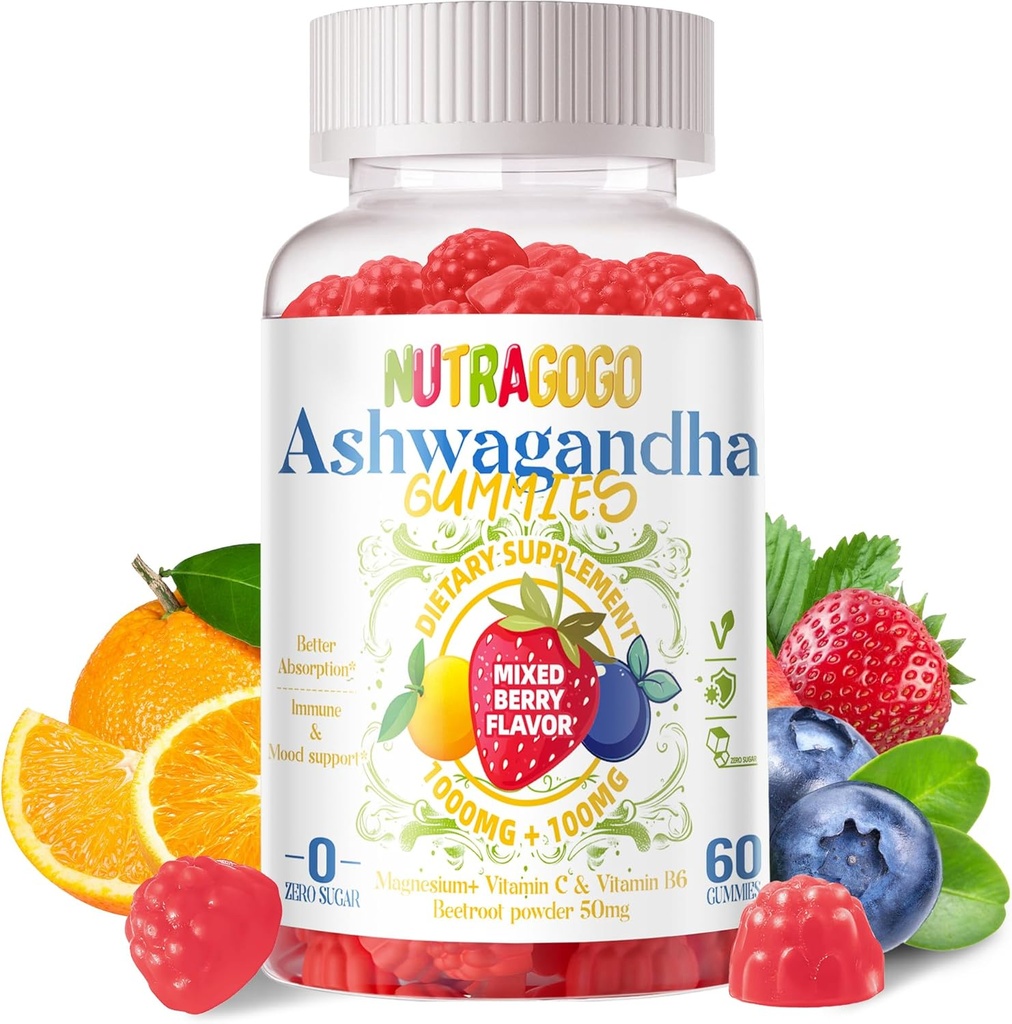Ashwagandha Gummies & Vitamin D3 Gummies 60 Count - 수면, 스트레스 완화 및 무드 Calm 개선을위한 유기 Aswangdha 보충 (Mixed Berry, Vegan, Plant 기반, 글루텐 프리 & 젤라틴 무료) - 1pack