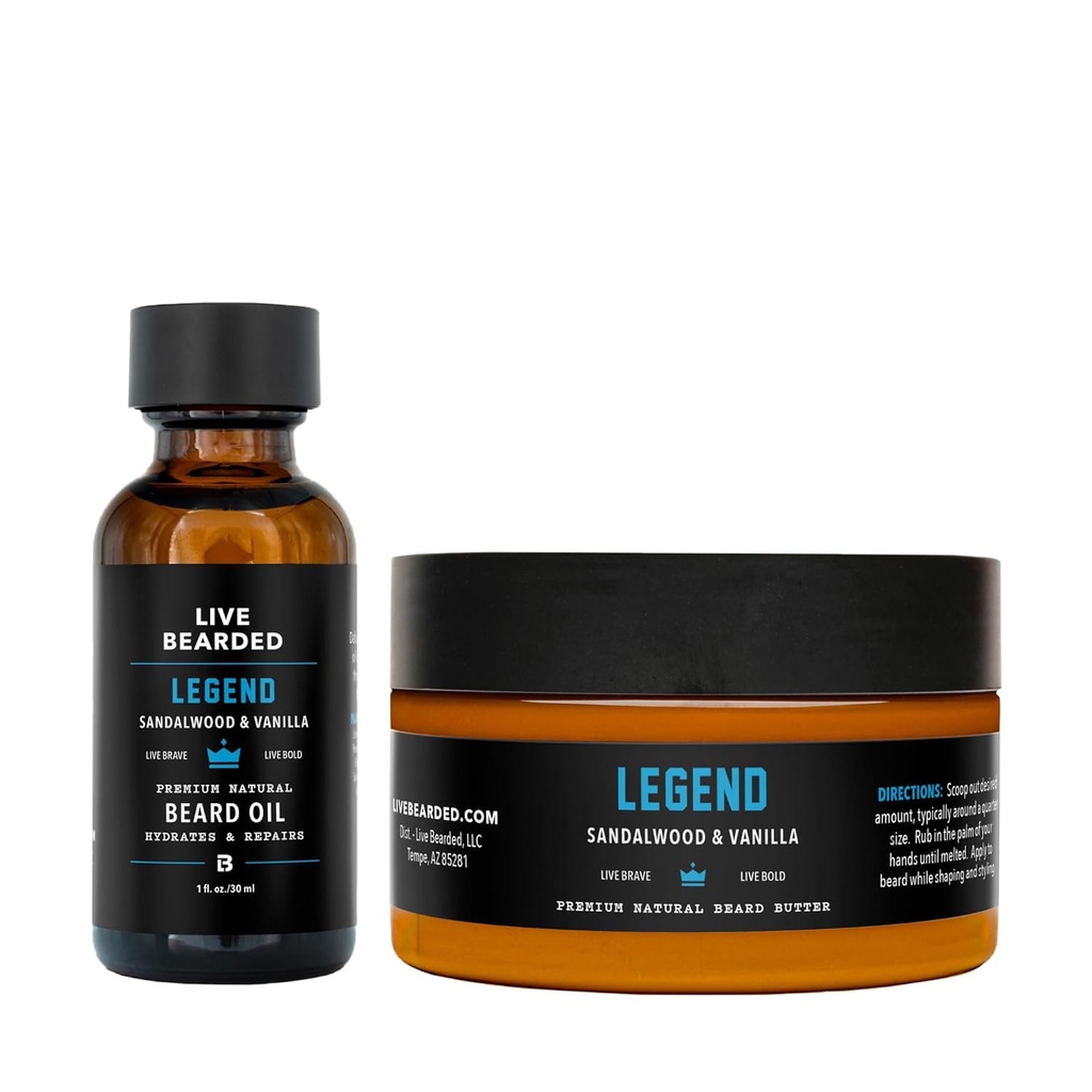 라이브 Bearded Beard Oil and Butter Grooming Kit - 미국에서 만든 - All-Natural Ingredients with Shea, Argan, Jojoba - 성장 지원 | Legend Scent - Sandalwood, Vanilla