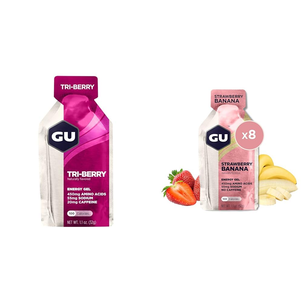 GU 에너지 Original Sports Nutrition Gel Tri-Berry 및 Strawberry 바나나나 맛 8-Count 번들