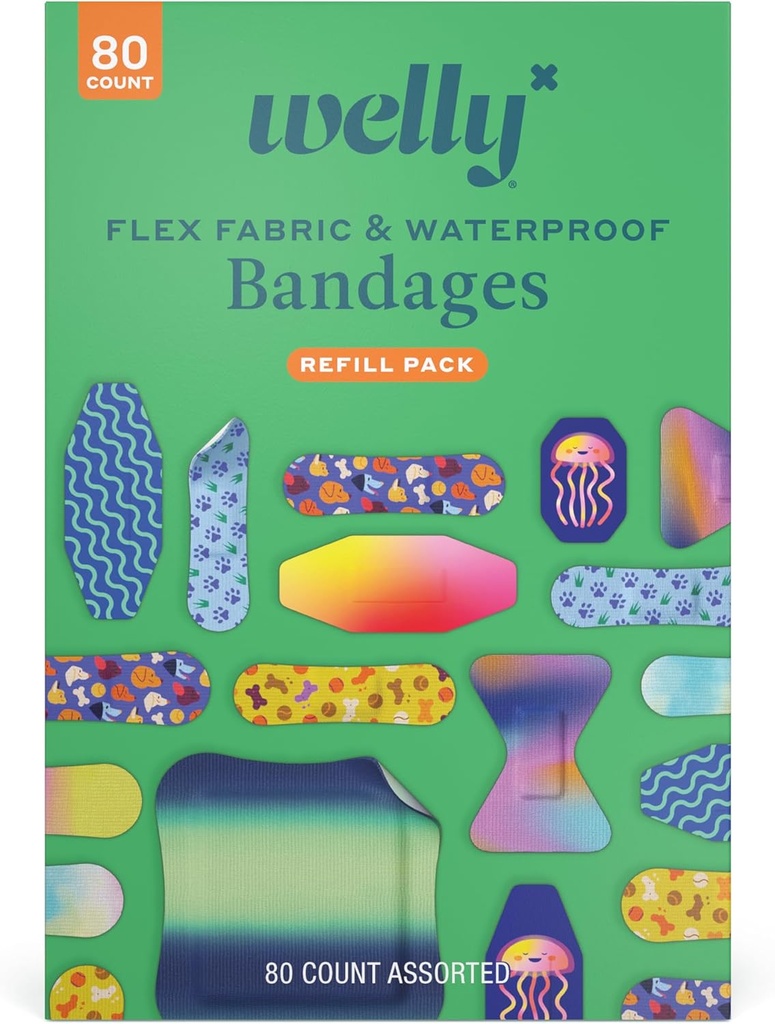 Welly Bandage Family Pack | 접착제 유연한 직물 및 방수 붕대 | 민들레 컷, 스크랩, 와운드용 모종과 패턴 - 80 개