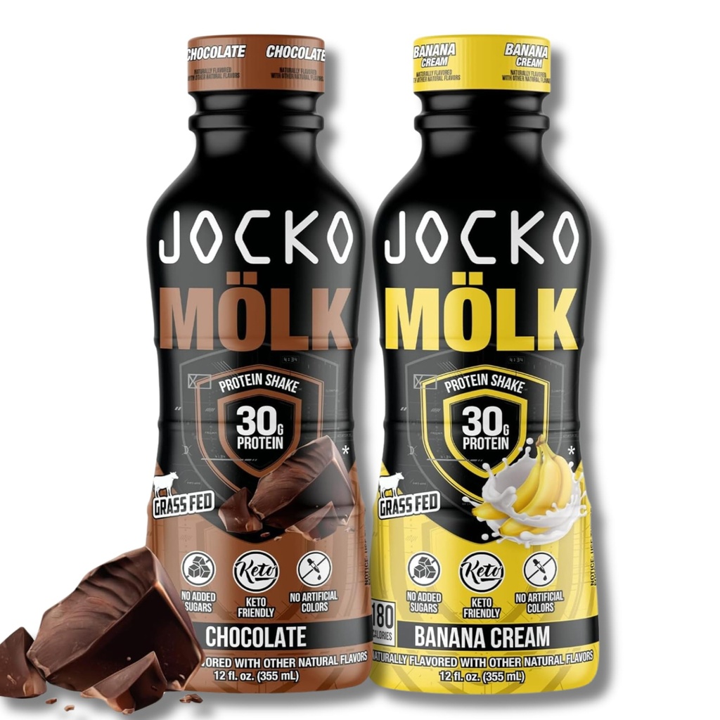 Jocko Fuel Mölk RTD Protein Shakes Bundle - 초콜릿 및 바나나 크림 (24 팩 총)