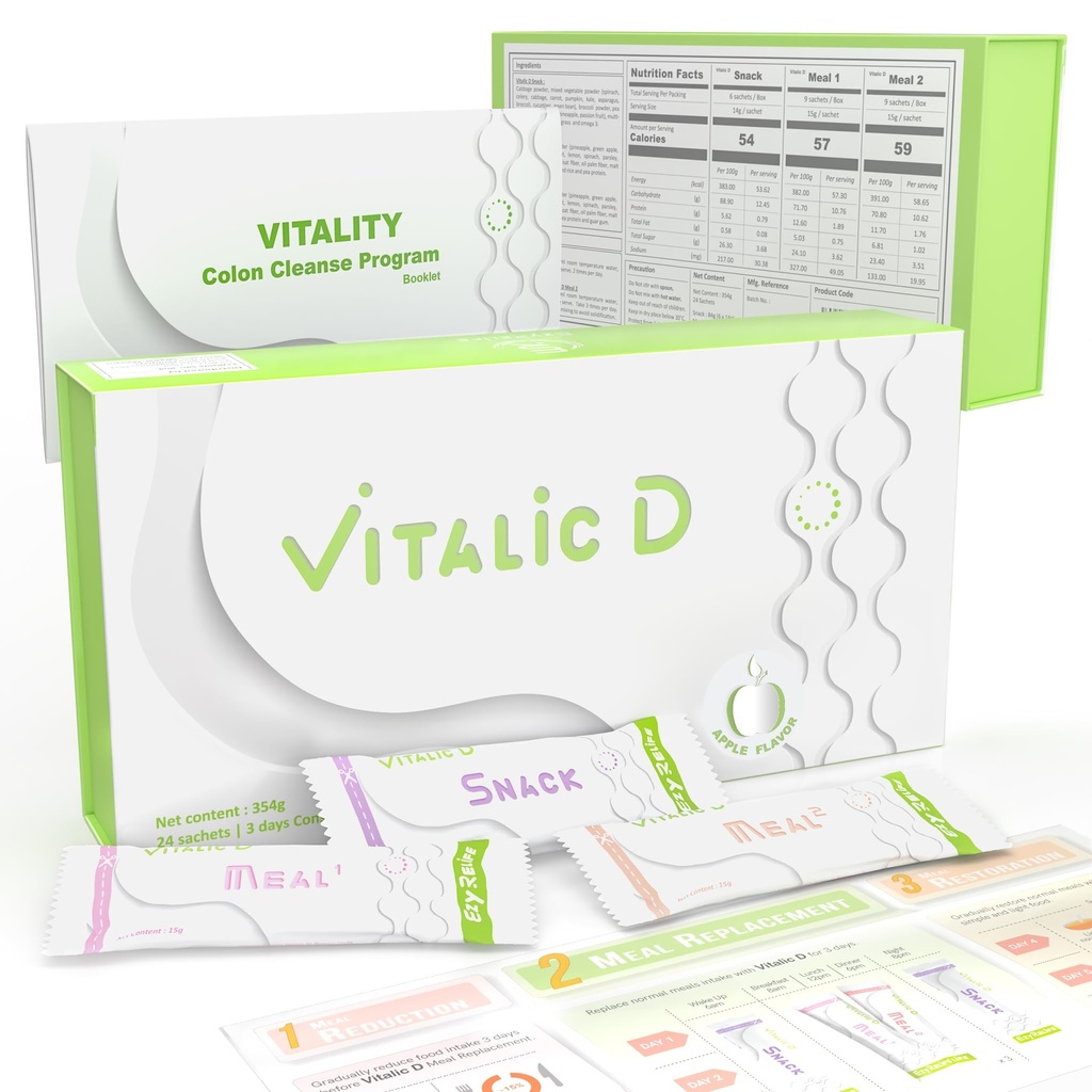 Vitalic D, 3-Day Cleanse Program & Gut Health Support | 식물 기반 Detox Powder Drink for Digestive Reset, Light Feeling & Daily Wellness | Apple 풍미
