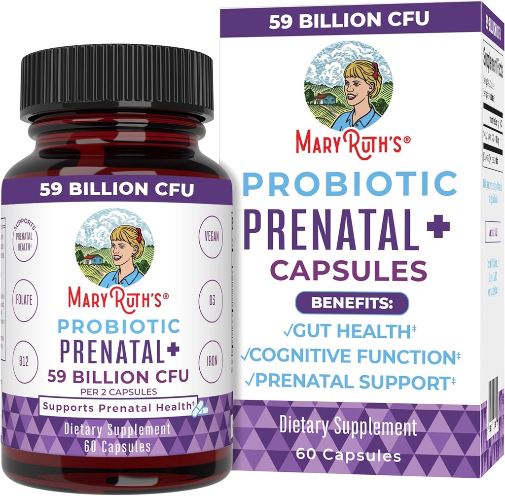 MaryRuth Organics Prenatal Vitamins & Probiotics | 59 억 CFU | 비타민 D3 & B12 | 철 | Folate | 셀레늄 | 콜린 | Vegan | 비 GMO | 60 캡슐