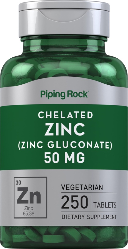 배관 바위 킬레이트 아연 50mg | 250 정제 | 글루코트 | 채식주의, 비 GMO, 글루텐 무료 보충