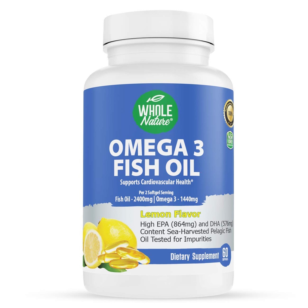 오메가 3 물고기 기름 보충교재, 최대 힘 2400 mg Omega-3, 1440mg 물고기 기름, EPA DHA 지방산, 심장 건강, 시각, 눈, 뇌, 여자 & 남자를 위한 면역성이 있는 지원. 자연적인 레몬 풍미, 60 ct (1)