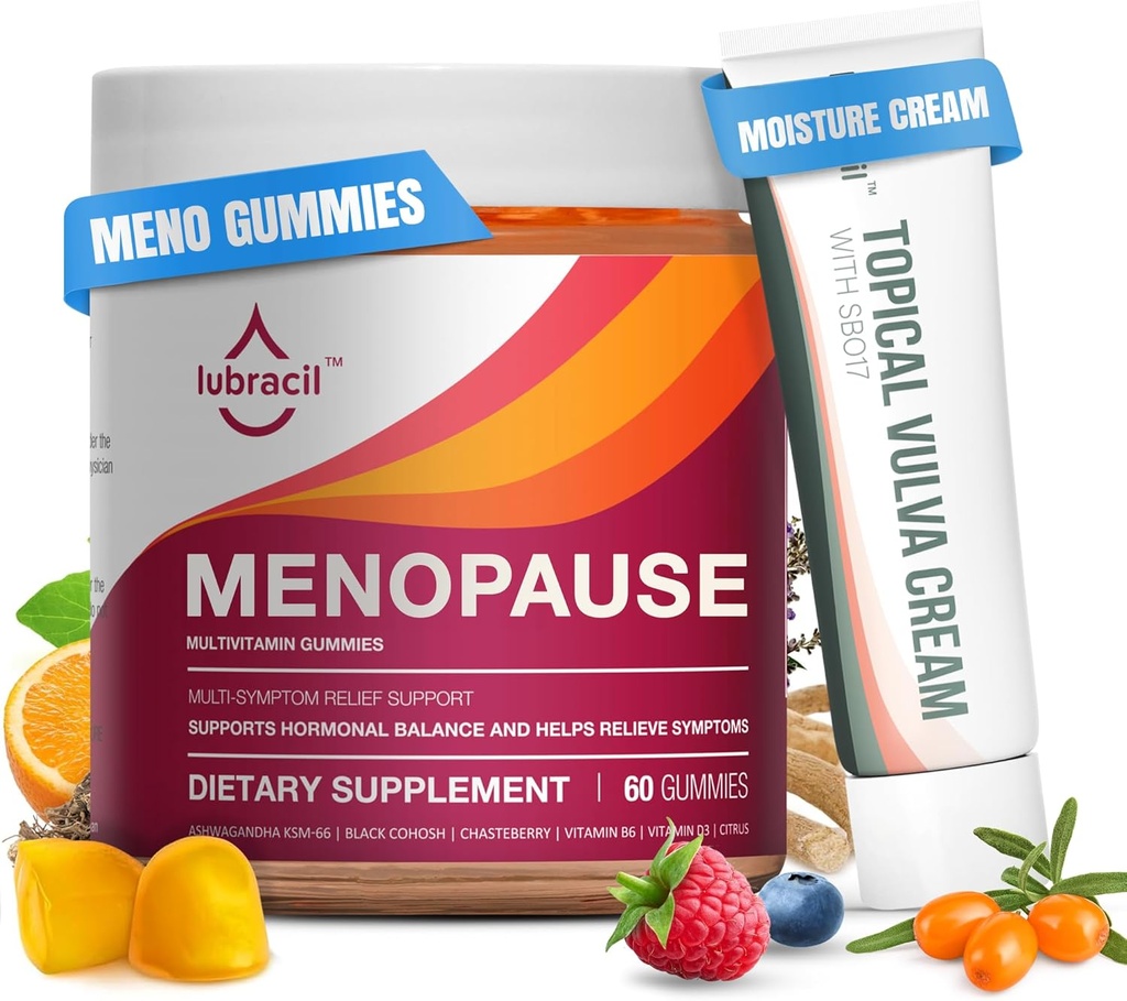 Lubracil Menopause Gummies & 화제 Vulva 크림 뭉치 – 뜨거운 섬광을 위한 호르몬 자유로운 지원, 질 건조, 가려움증, 무드 그네 & 까만 Cohosh, Ashwagandha, Omega-7 & 비타민 E
