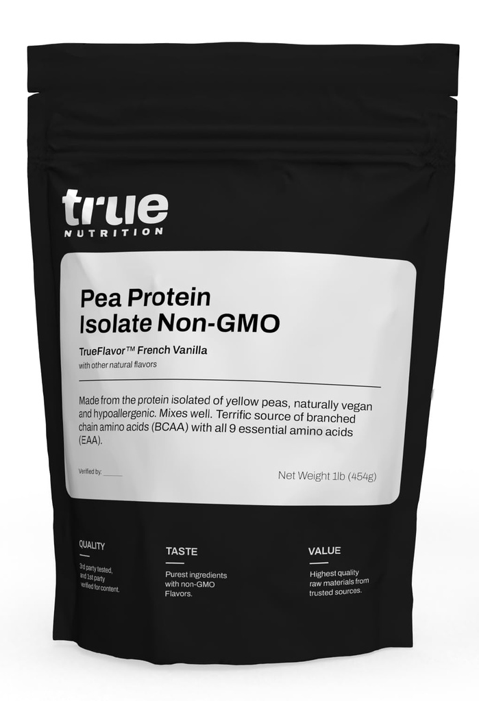 True Nutrition Pea Protein Powder Isolate - 25g Non-GMO Vegan Protein Powder per 서빙 - 낮은 캐비티, 낮은 지방, 높은 루신 - 글루텐 무료, 유제품 무료 - 프랑스어 바닐라 - 1LB