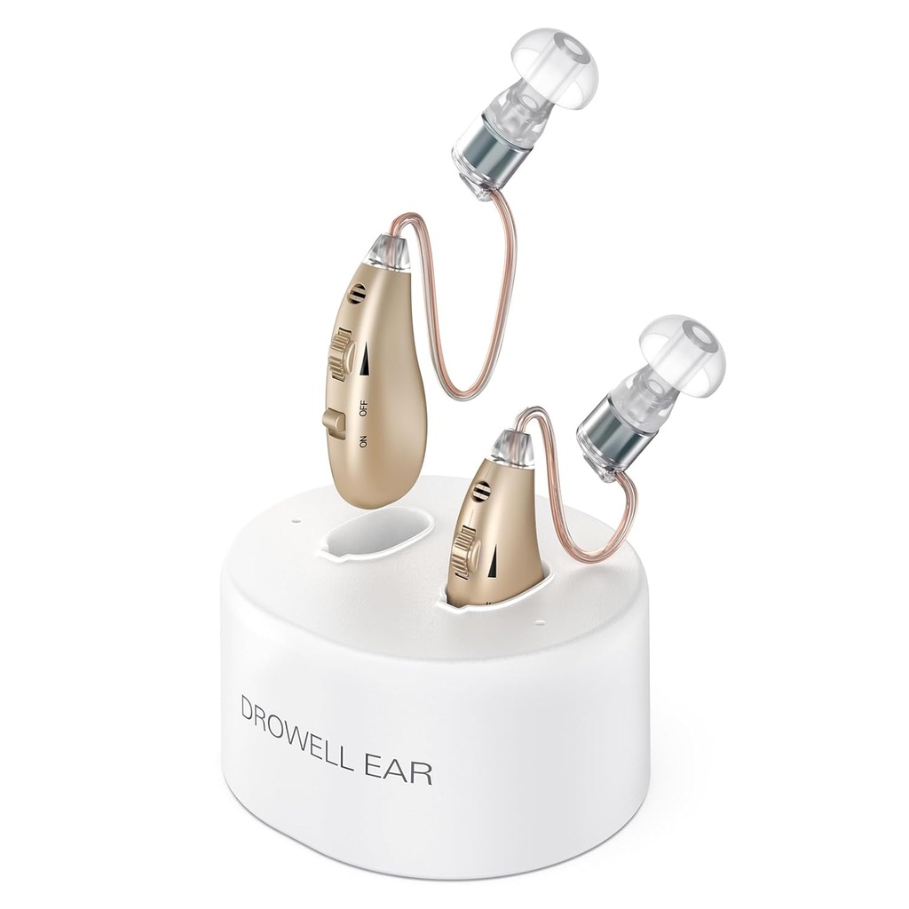 보청기, 충전식 보청기 및 노이즈 캔슬링, Behind-The-Ear OTC Hearing 증폭기 휴대용 충전베이스가있는 개인 사운드 앰프 장치 (Gold)