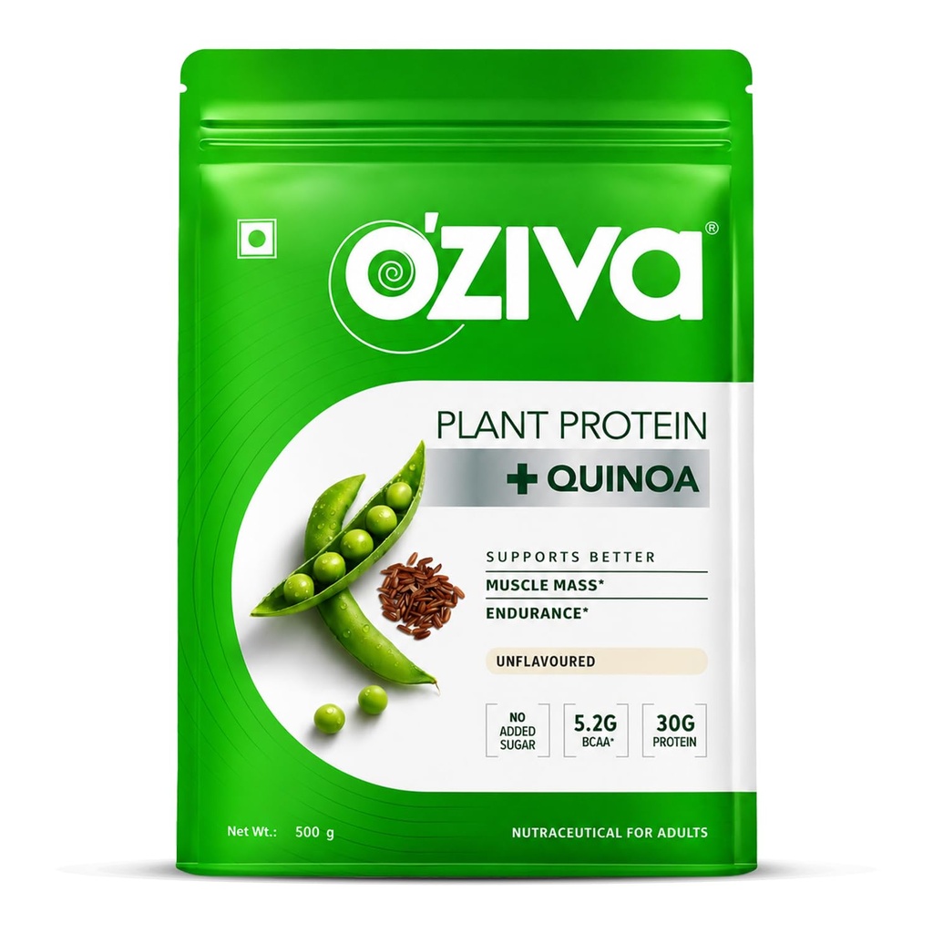OZiva 유기 식물 단백질 분말 | 500 Gm | (30g Vegan Protein - Pea Protein a, Brown Rice Protein & Quinoa, Soy Free) for Everyday Fitness, Boost Immunity, Unflavored (1.1 lb)