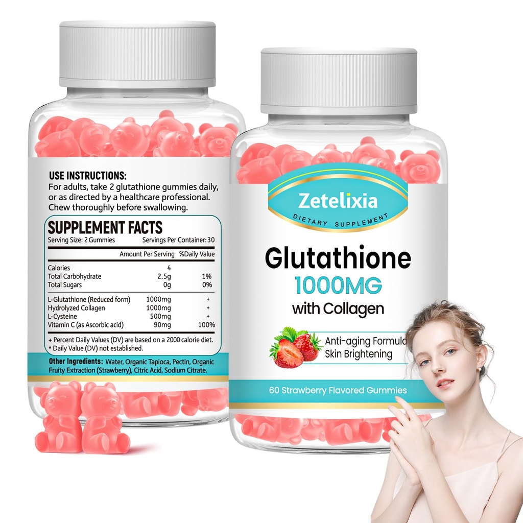 2 팩 Glutathione 교원질 Gummies, 비타민 C를 가진 교원질 Gummies, 여자를 위한 Glutathione 보충교재, 머리 피부 못 근육 & 합동, 노화 방지, Vegan, 설탕 자유로운, 딸기 풍미, 120 조사