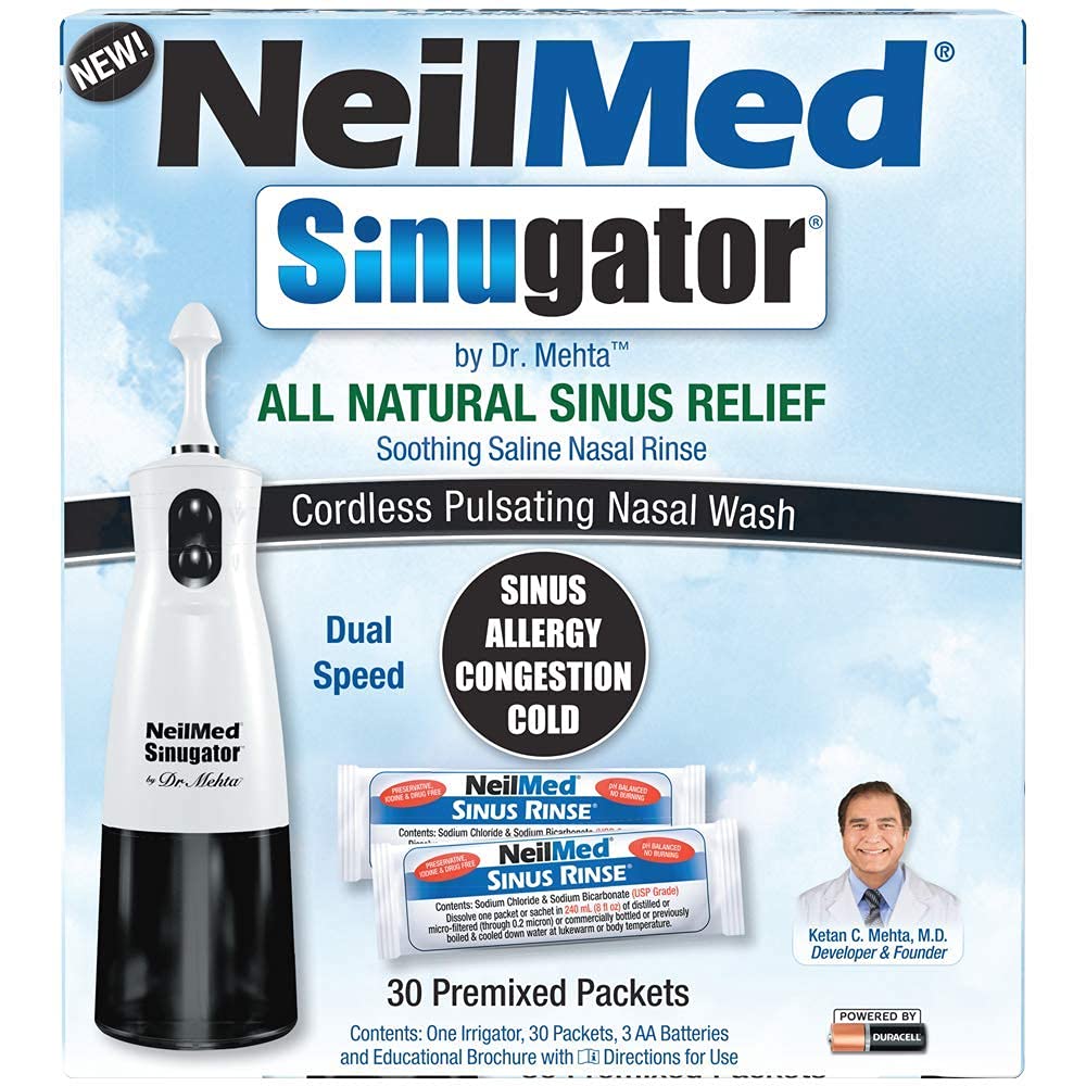 NeilMed Sinugator Cordless Pulsating Nasal Irrigator (Dual Speed) 와 30 Premixed Packets 과 3 AA 배터리 - 검정 (Pack of 1)