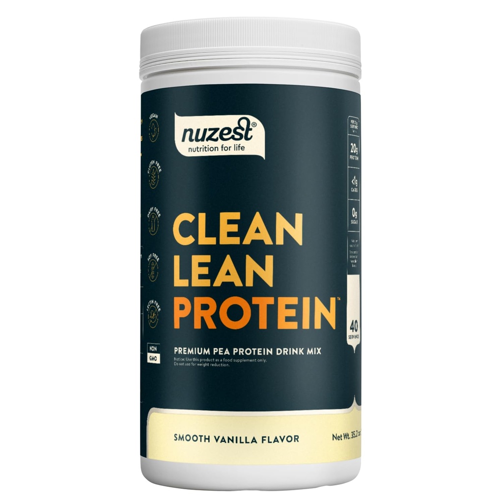 Nuzest - Pea Protein Powder - Clean Lean Protein, Premium Vegan Plant 기반 단백질 분말, Dairy Free, Gluten Free, GMO Free, Protein Shake, Smooth Vanilla, 40 서빙, 2.2 lb