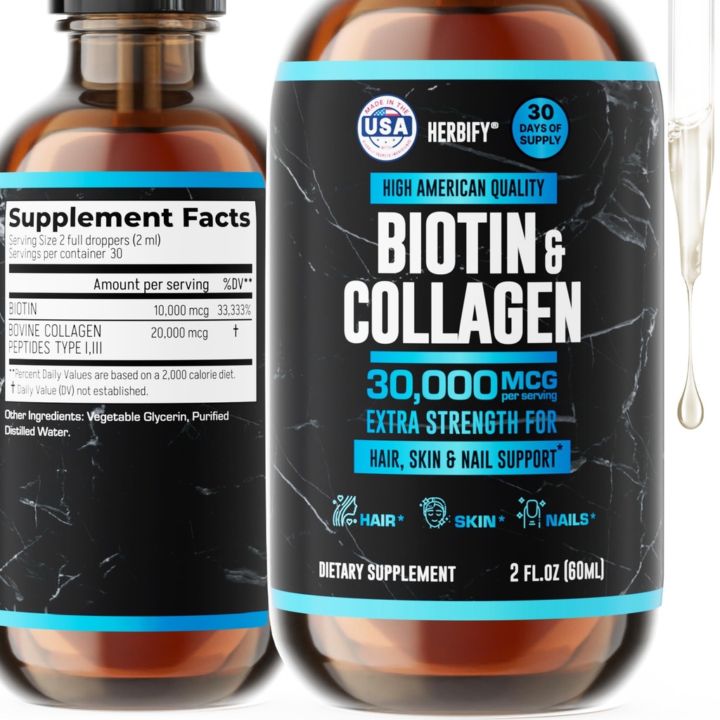 HERBIFY 교원질과 Biotin 액체 하락 - 머리 성장과 더 강한 못을 위한 더 빠른 흡수 보충교재 - 여성과 남자를 위한 머리 피부와 못 비타민 - B7 보충교재 - 미국에서 만드는