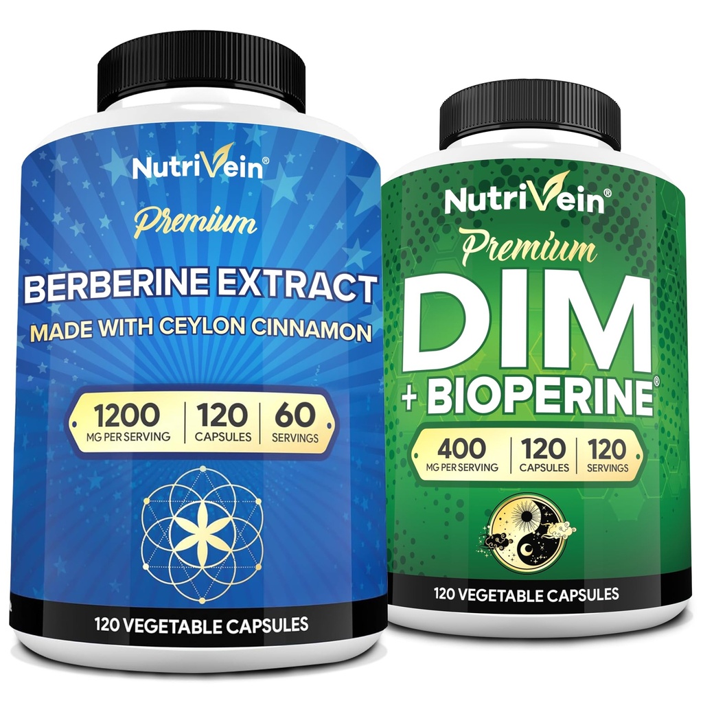 Nutrivein Premium DIM & Berberine 보충 번들 : Bioperine과 높은 흡수 Berberine & DIM 보충 - Hormonal Balance, Digestive Regularity, Metabolism 및 전반적인 웰빙