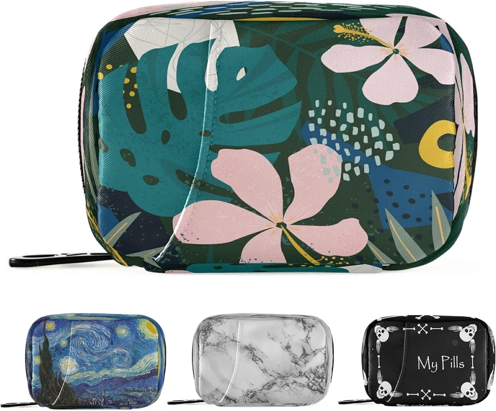 Naanle Hawaiian Palm Leaf Flower Pill Box 7 Day Pill Case Travel Pill 주최자 가방 지퍼 휴대용 주간 케이스 컴팩트 크기 비타민 보충 홀더