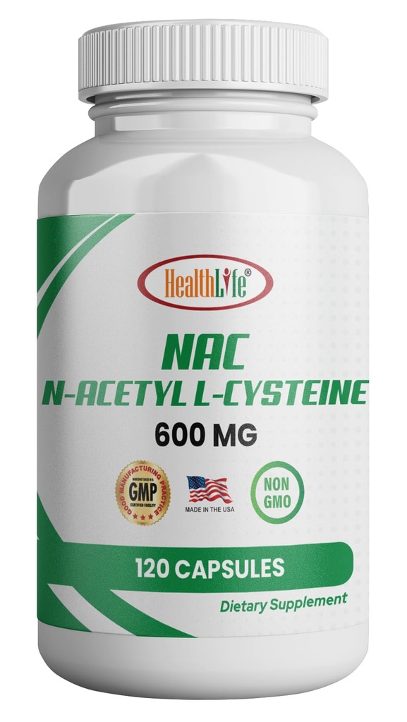 HealthLife N-Acetyl L-Cysteine (NAC) 600mg, 120 캡슐 - 비 GMO, 글루텐 무료, 120 서빙