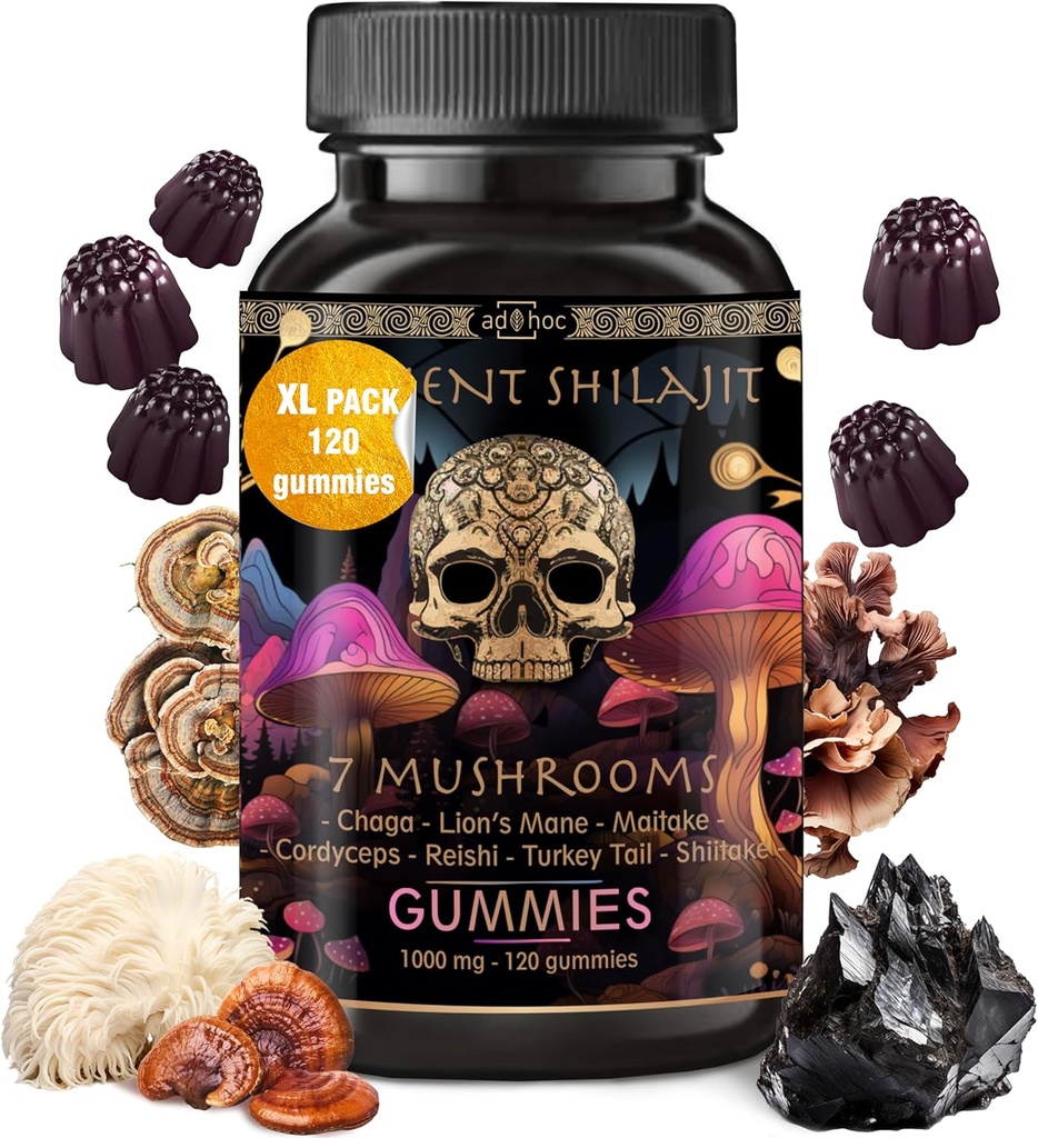 광고 호크 Shilajit 순수한 Himalayan 유기 Gummies - 면역 지원, 에너지 지원 보충교재 - Shilajit 수지 사자 Mane, Cordyceps, Reishi, 터키 꼬리, Chaga, Shiitake Mushroom Gummies (120 Ct)