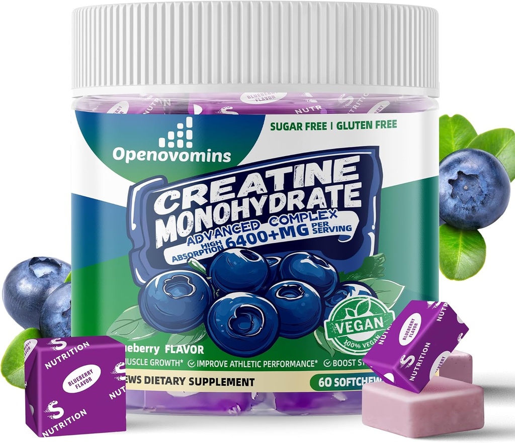 Creatine Monohydrate 남성 & 여성을 위한 연약한 Chews Complex 6400mg - 진보된 공식 W/L-Taurine + 비타민 B12, 설탕 자유로운 Chewable 보충교재, 60 Blueberry Softchews