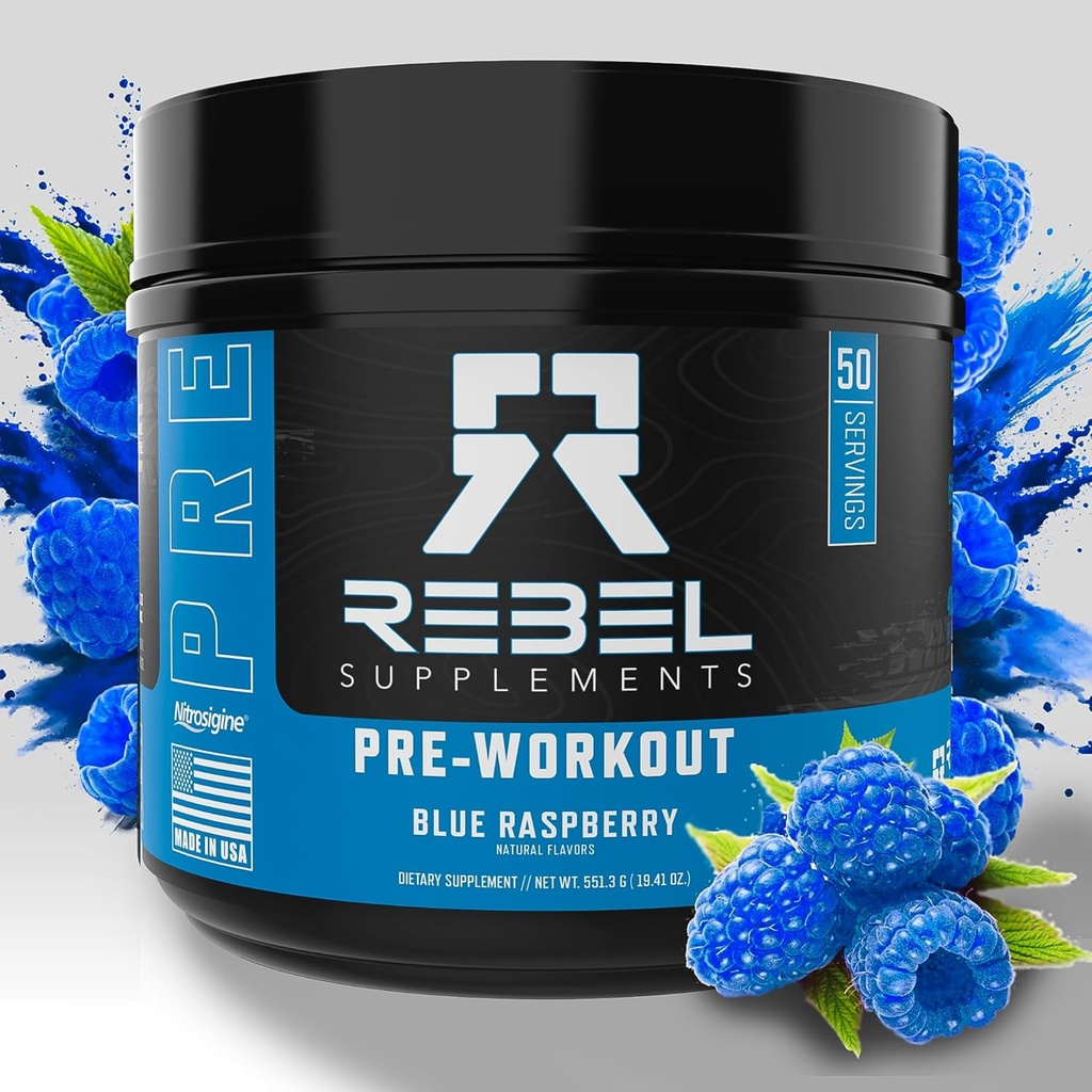 Rebel SupplementsTM 블루 레이즈로드 사전 운동 | 극단적 인 펌프, 레이저 초점, 인산 에너지 | 7000mg L-Citrulline, 4000mg Beta Alanine, 1500mg Nitrosigine®, 350mg Caffeine | 50 서빙