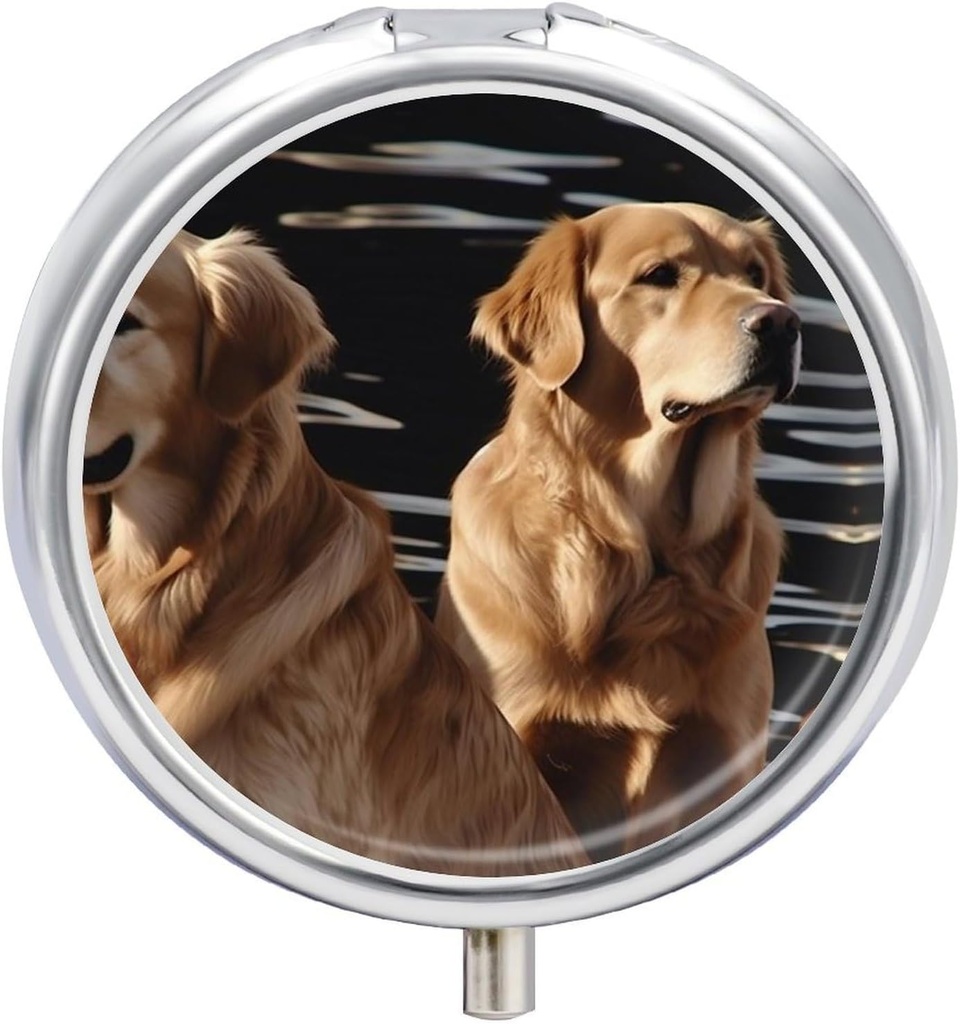 Pill Box 3 Compartment 여행을위한 둥근 알약 주최자 매일 작은 알약 케이스 Golden Retrievers Metal Pill Container Pill Vitamins Fish Oil Supplement를위한 휴대용 의학 주최자