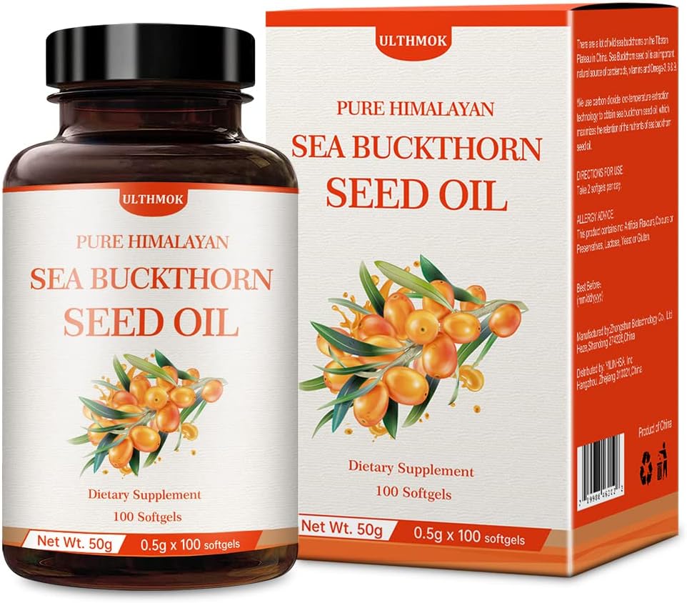 ULTHMOK 프리미엄 바다 Buckthorn 씨 오일, 100 % 씨 오일, 100 Softgels & 100 × 500mg, 비 GMO, 글루텐 무료.
