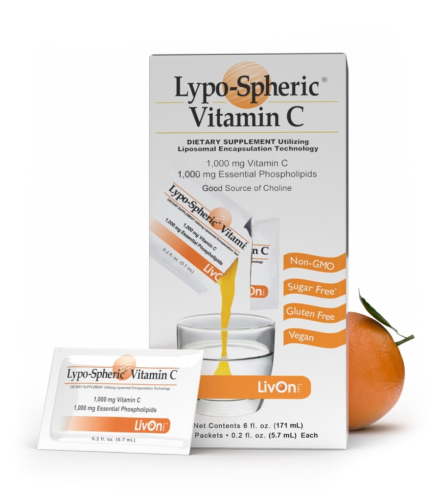 LivOn Laboratories Lypo–Spheric Liposomal 비타민 C 1000mg - 설탕 없음, 면역 지원, 식물 기반 - 삼키기 쉬운, 흡수 - Non-GMO, 글루텐 무료 (0.2 fl oz 개인 30 Packets)