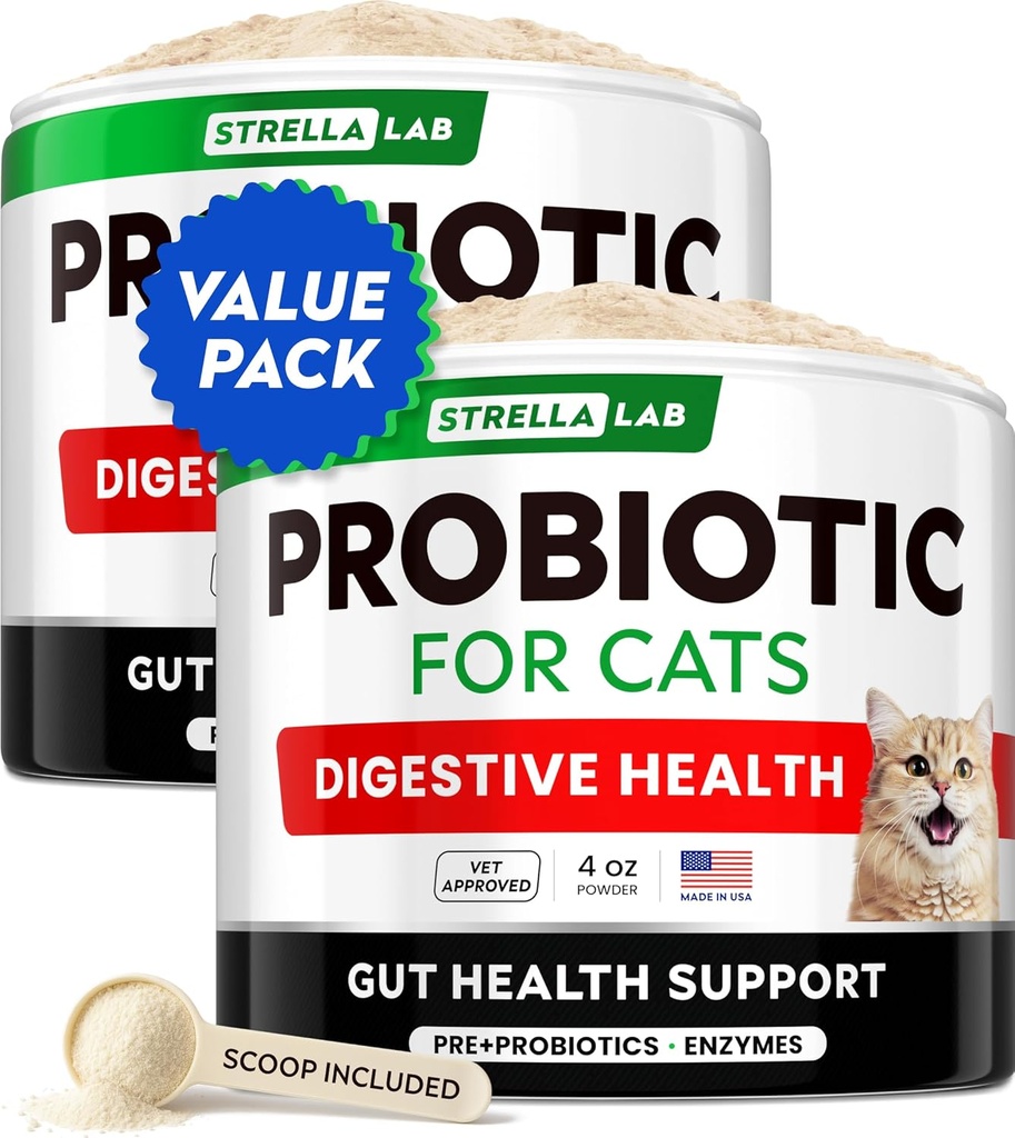 StrellaLab Cat Probiotic Powder - Diarrhea가있는 고양이를위한 Probiotics - 쉽게 혼합 분말 - 실내 고양이를위한 Cat Probiotics, 건강 공급 식품 보충, 소화 지원 (8 oz / Packing of 2)