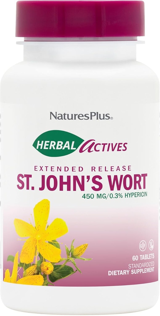 NaturesPlus Herbal Actives St. John 's Wort Extended Release - 60 Tablets, Pack of 2 - 건강한 계류 및 긍정적 인 전망 - 채식주의 자, 글루텐 무료 - 120 총 봉사