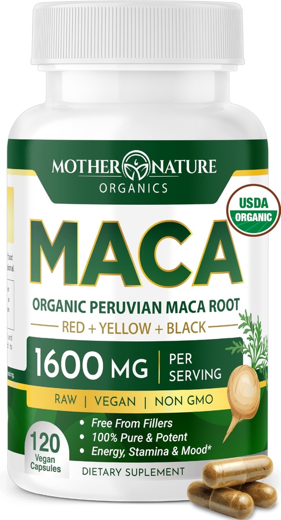 Mother Nature Organic Maca Root Capsules - 1600mg, 120 Vegan Capsules - Non GMO Peruvian Yellow, Red & Black Maca for Men & Women - 에너지, 호르몬, 두뇌 및 체중 웰빙