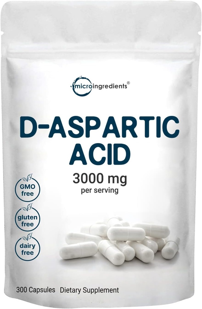 Micro Ingredients D-Aspartic Acid 3,000mg Per 서빙, 300 캡슐 | 에너지, 테스토스테론 및 성능 지원 | 비 GMO, 글루텐 프리, Soy-Free