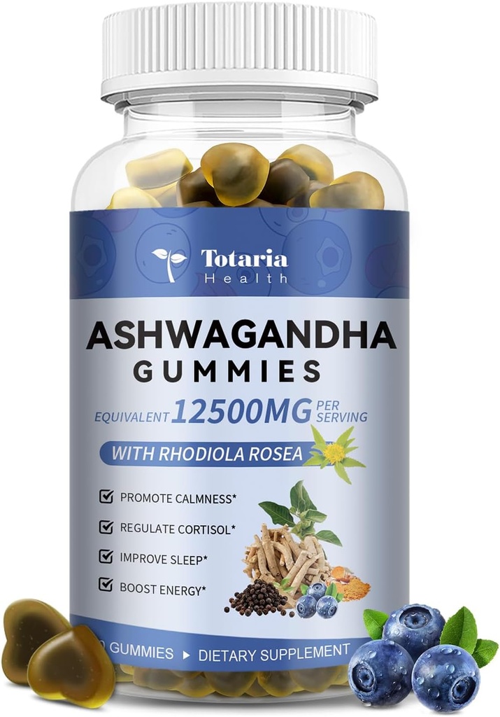 Totaria Sugar Free Ashwagandha Filled Gummies w/Vitamin D3, Magnesium Glycinate, Rhodiola, 여성을위한 매우 강도 Ashwa 뿌리 보충제 & Wen, Relaxation, Energy, Cortisol Gummies